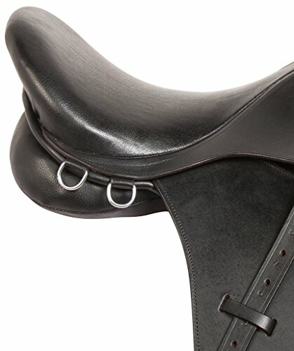 Black equestrian saddle with stirrup rings.