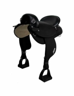 Black horse saddle with stirrups