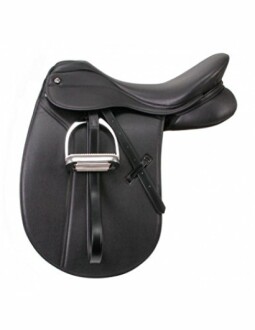 Stylish black leather horse saddle with stirrup, perfect for dressage riding