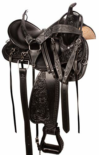 Black leather horse saddle with detailed stitching