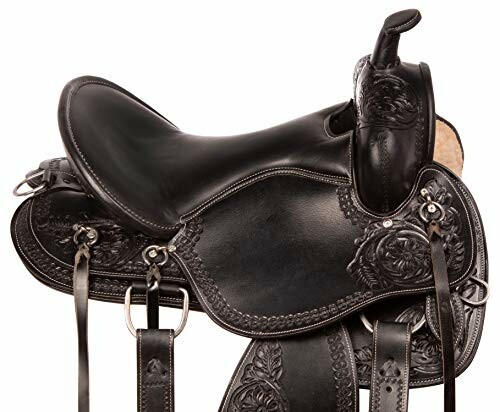 Black leather Western saddle with ornate designs.