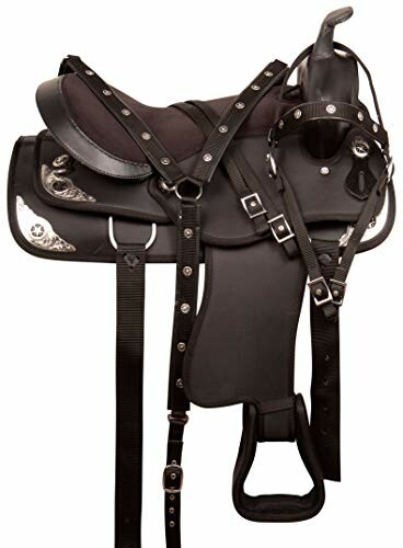 Black Western horse saddle with silver accents and stirrups