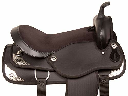 Black Western horse saddle with silver accents