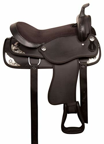 Black Western horse saddle with decorative silver accents.