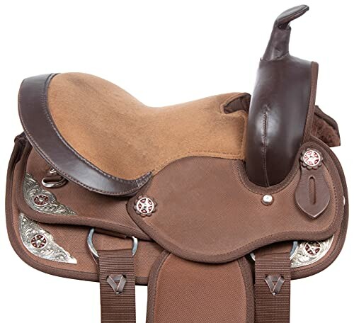 Brown western horse saddle with decorative details.