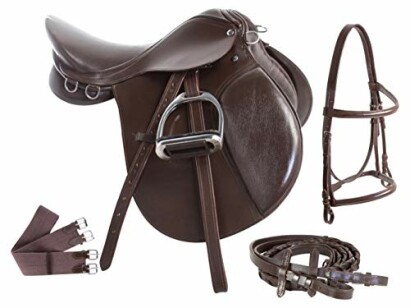 Brown equestrian saddle and bridle set with stirrup and straps.