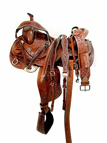 Brown leather horse saddle with intricate designs