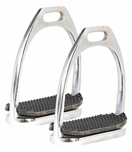 Pair of metal horse stirrups with black treads.