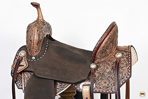 Ornate leather horse saddle with intricate designs