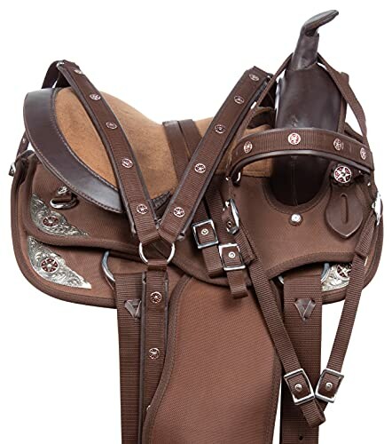 Brown western horse saddle with intricate details and straps.