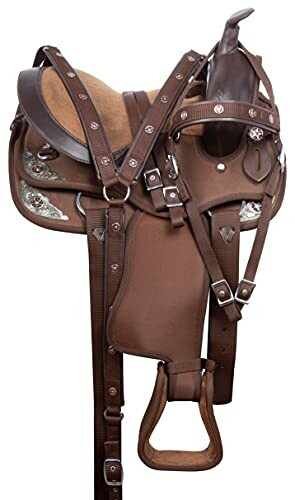 Brown Western horse saddle with stirrups and silver accents.