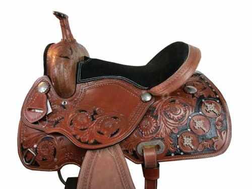 Ornate leather western horse saddle with floral patterns.