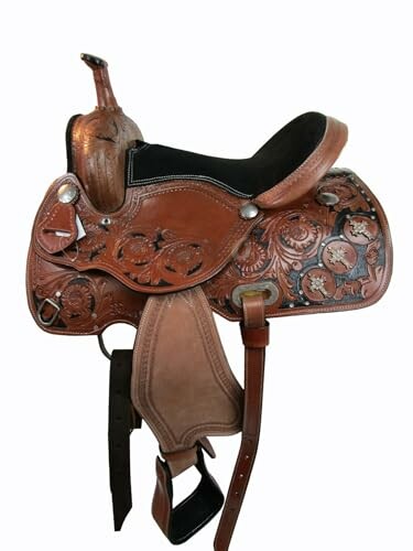 Decorative western horse saddle with floral patterns