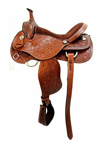 Brown leather Western saddle with intricate designs.